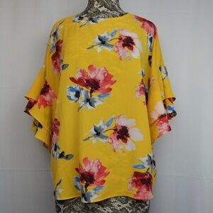 Yellow Floral Halogen Ruffle Sleeve Blouse Large